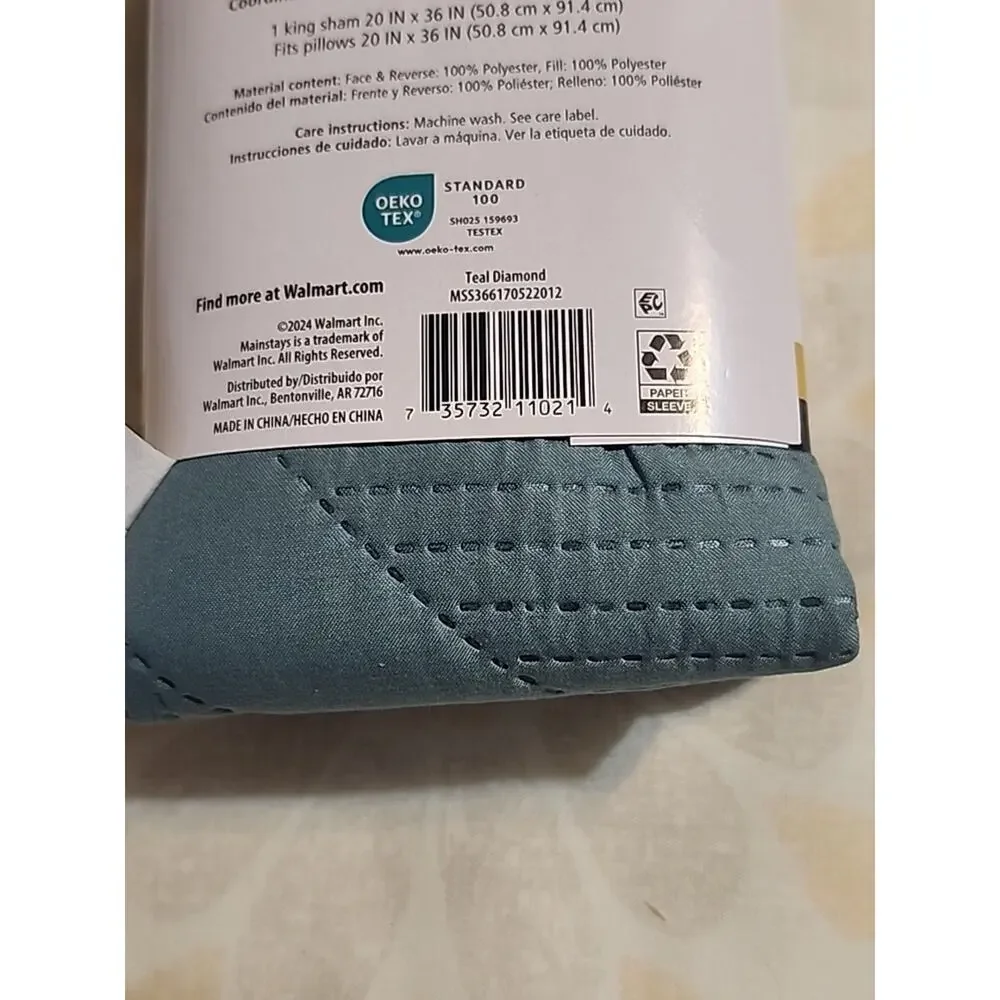 Mainstays Teal Diamond Sham Single Essential King Quilted Textured